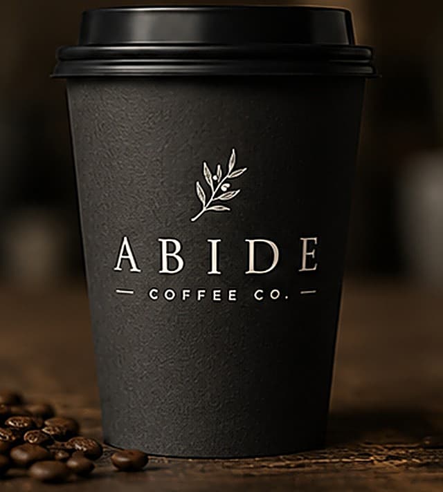 A branded Abide Coffee Co. paper cup beside roasted coffee beans.